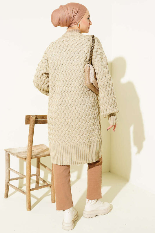 سترة محبوكة من الصوف بنمط السلة بلون الحجر