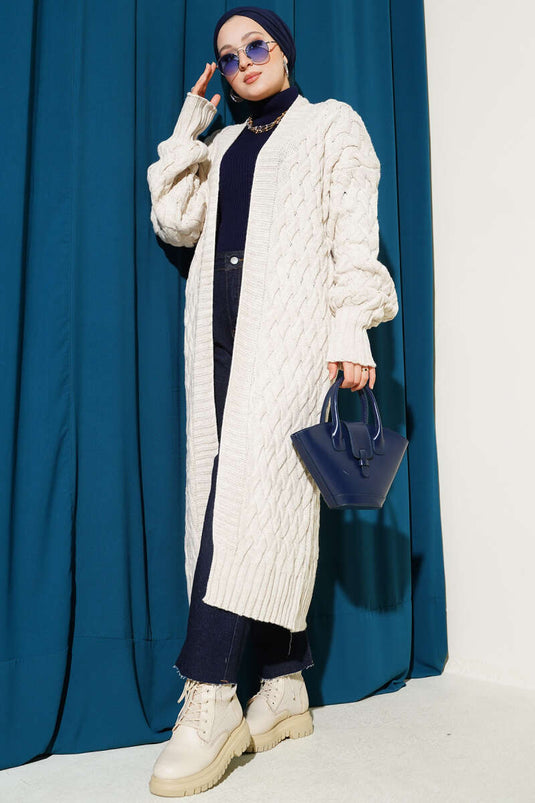 Gilet long beige à maille panier