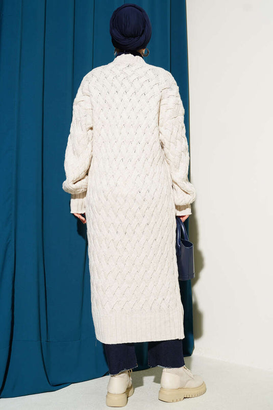 Gilet long beige à maille panier