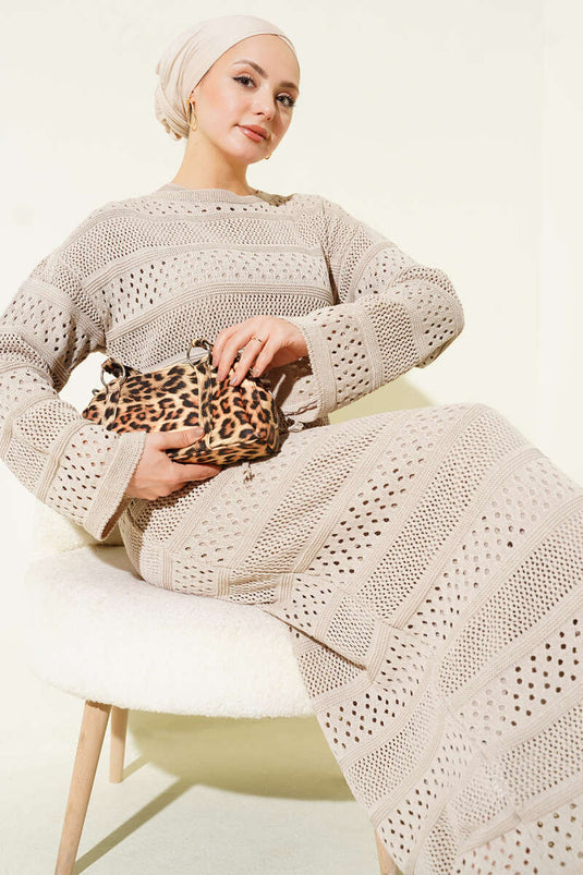 Robe en tricot à motif ajouré beige