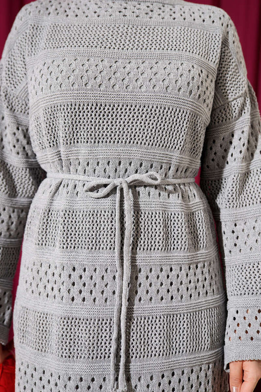 Striped Openwork Pattern Knit Dress Gray