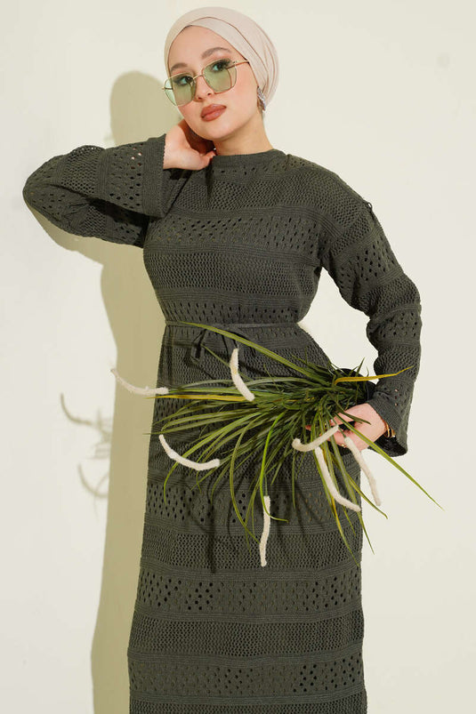 Robe en tricot à motif ajouré kaki