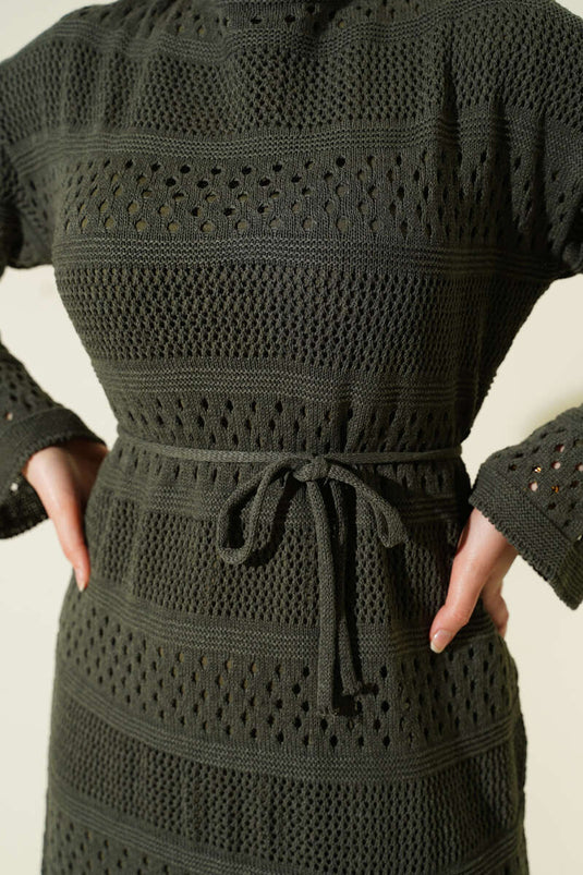 Robe en tricot à motif ajouré kaki