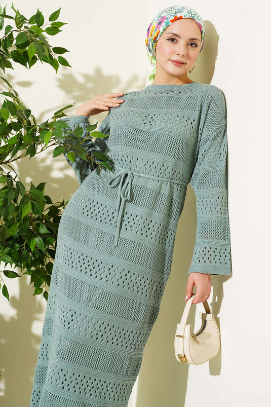 Striped Openwork Pattern Knit Dress Mint
