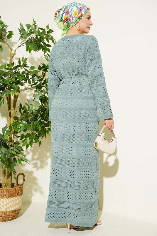 Striped Openwork Pattern Knit Dress Mint