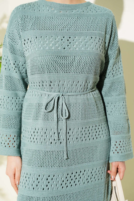 Striped Openwork Pattern Knit Dress Mint