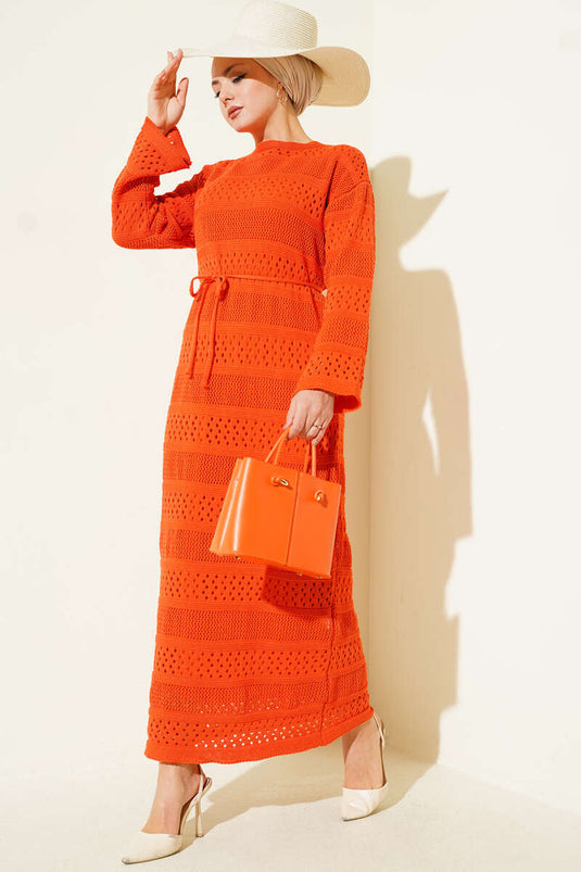 Şerit Ajur Desen Triko Elbise Oranj