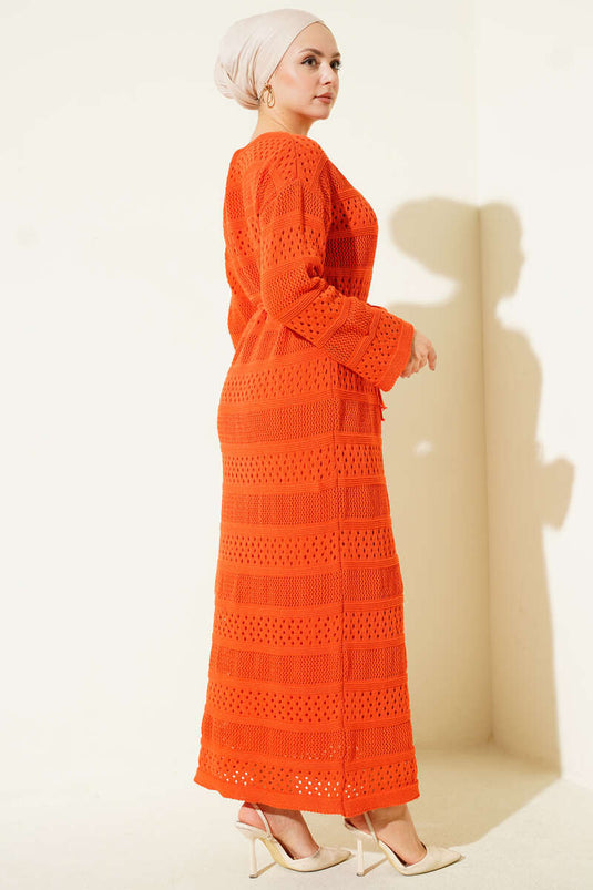 Robe en tricot à motif ajouré en bande orange