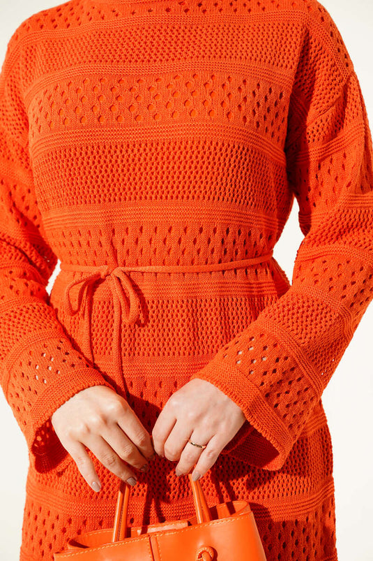 Şerit Ajur Desen Triko Elbise Oranj