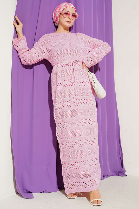 Şerit Ajur Desen Triko Elbise Pembe
