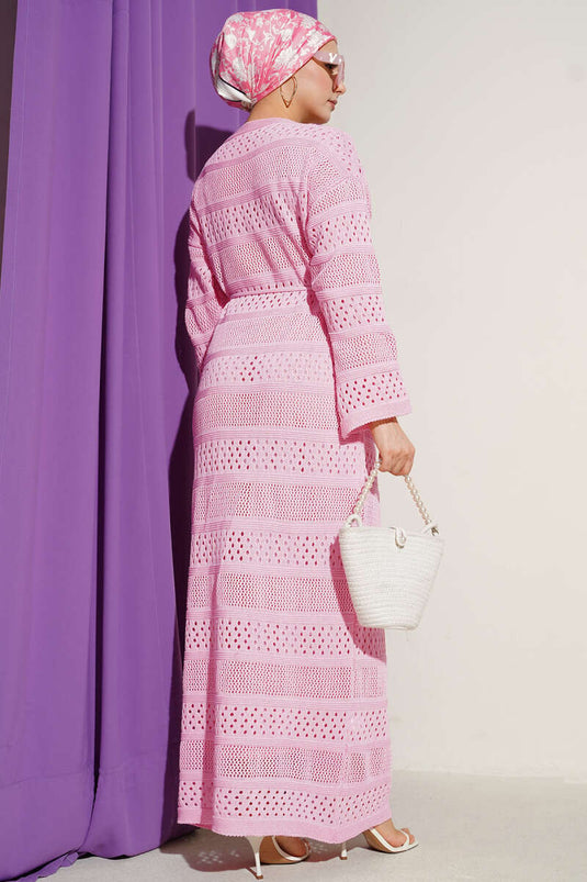 Şerit Ajur Desen Triko Elbise Pembe