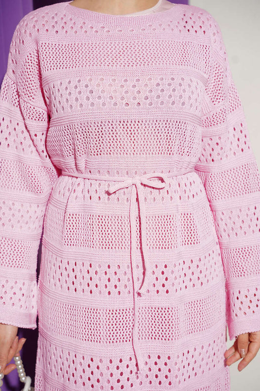 Şerit Ajur Desen Triko Elbise Pembe