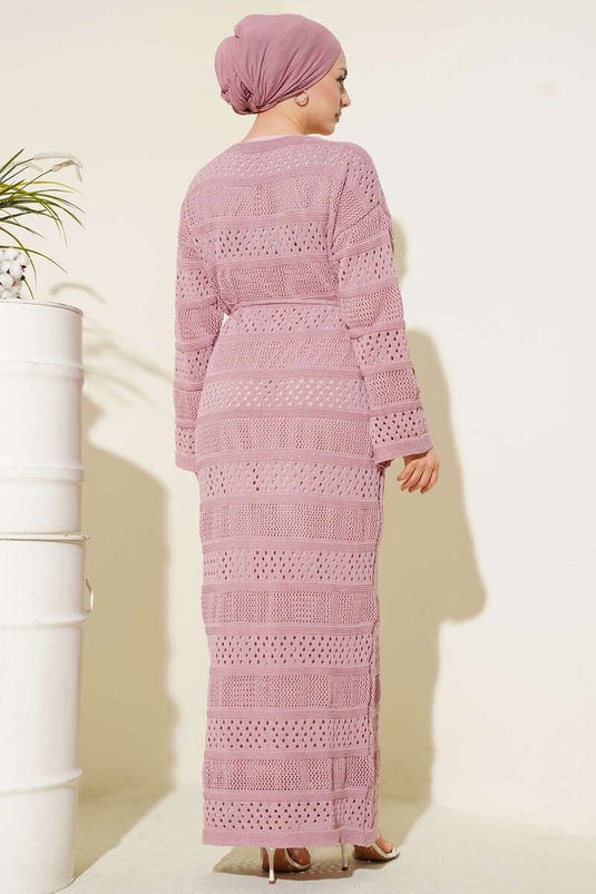 Tricotjurk met ajourstrepen in poederroze