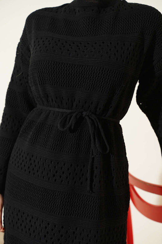 Robe en tricot à motif ajouré en bande noire