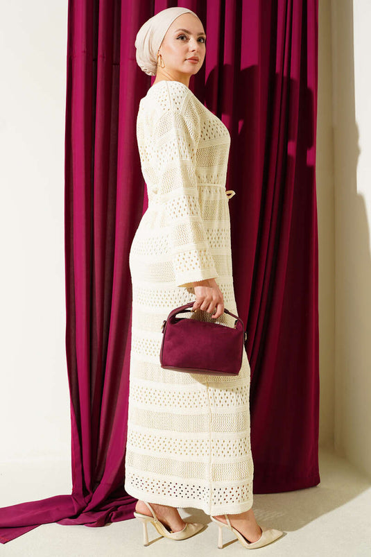 Robe en tricot à motif ajouré en bande, couleur pierre