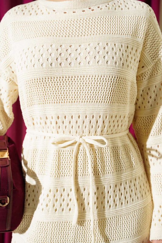 Robe en tricot à motif ajouré en bande, couleur pierre