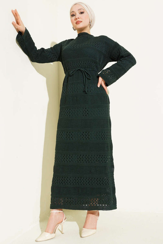 Striped Lace Pattern Knit Dress Emerald Green