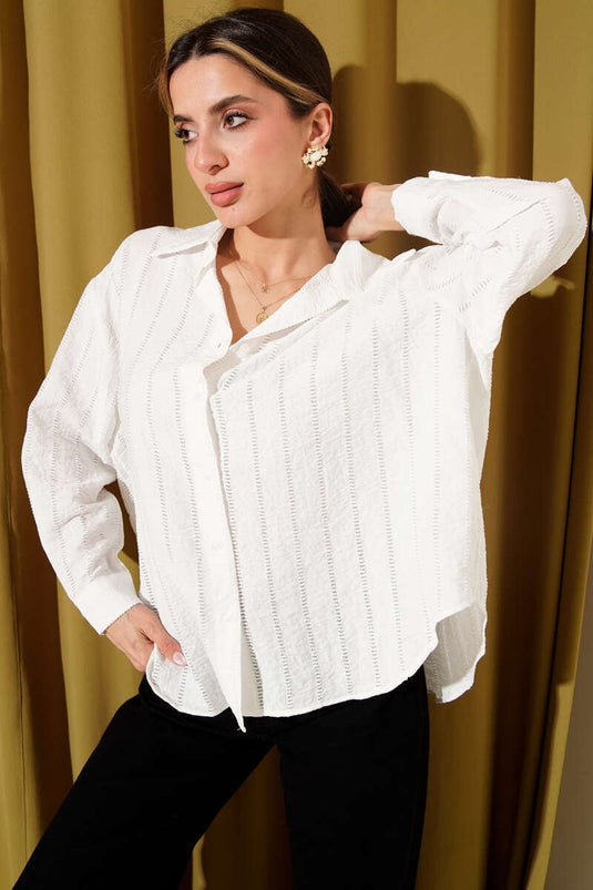 Striped Embroidered Oversized Basic Shirt Ecru