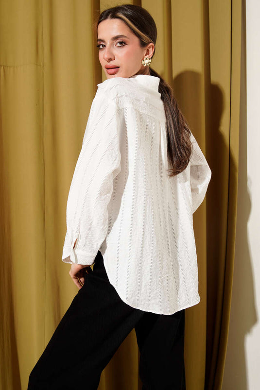 Striped Embroidered Oversized Basic Shirt Ecru