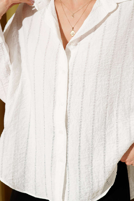 Striped Embroidered Oversized Basic Shirt Ecru