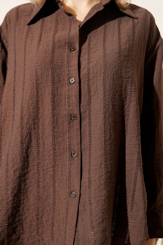 Striped Embroidered Oversized Basic Shirt Coffee
