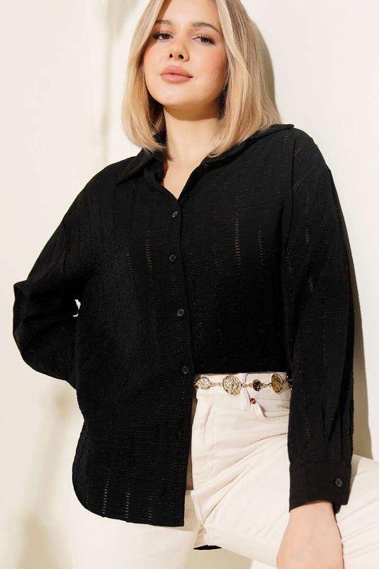 Striped Embroidered Oversized Basic Shirt Black