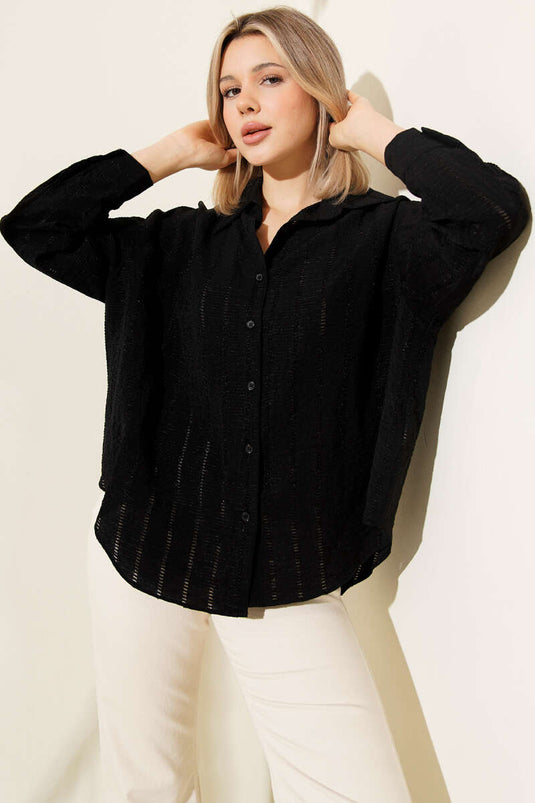 Striped Embroidered Oversized Basic Shirt Black
