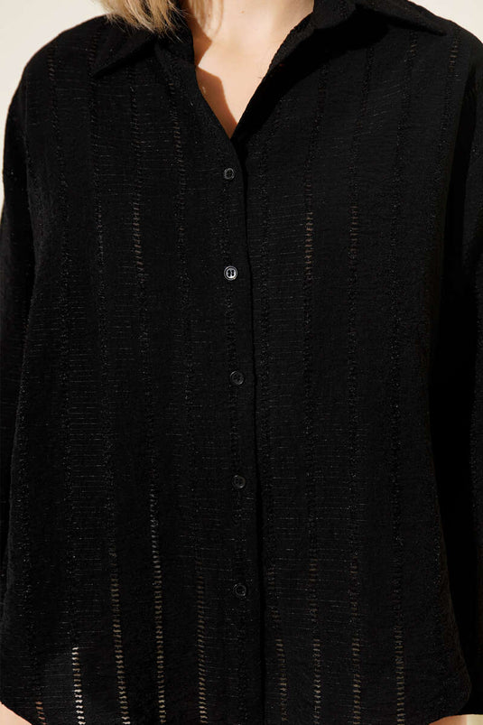 Striped Embroidered Oversized Basic Shirt Black