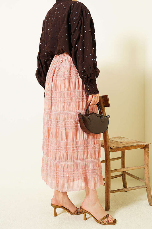 Gonna in chiffon con paillettes e coulisse a strisce color cipria