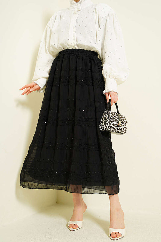 Black Chiffon Skirt with Sequin and Gathered Stripe