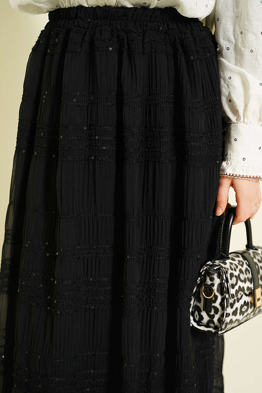 Black Chiffon Skirt with Sequin and Gathered Stripe