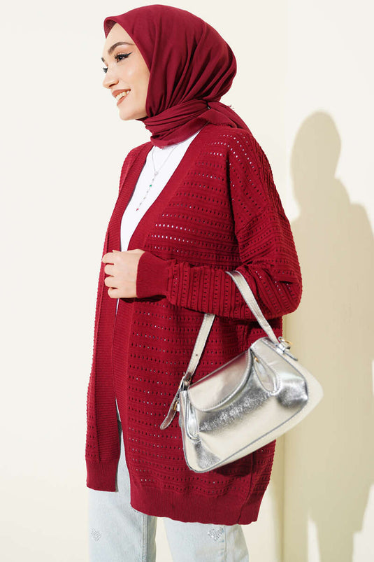Striped Openwork Knit Cardigan Burgundy