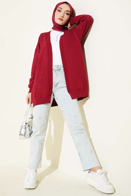 Striped Openwork Knit Cardigan Burgundy