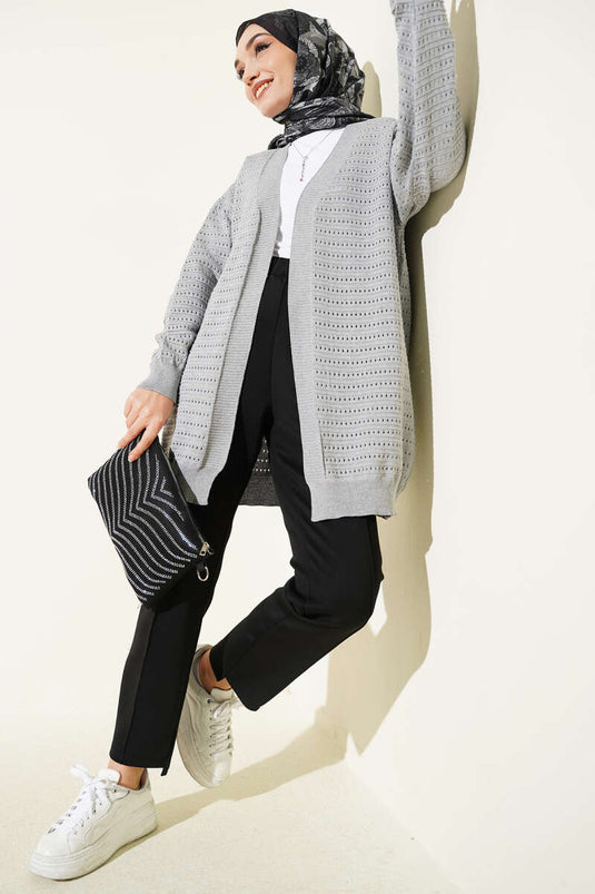 Cardigan en tricot ajouré à rayures perforées gris