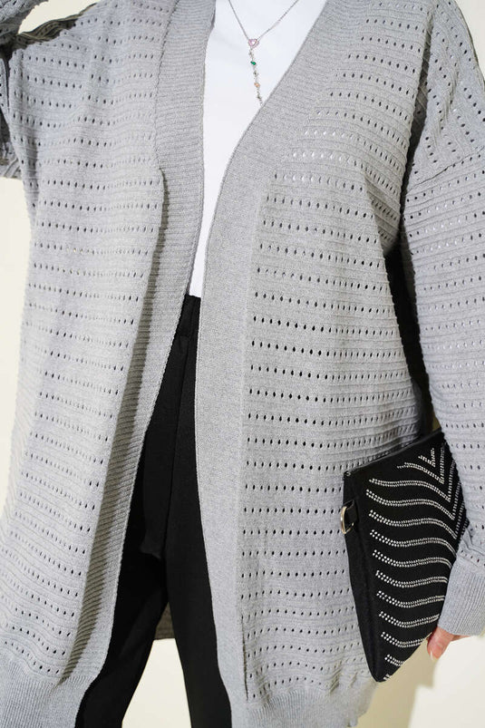 Cardigan en tricot ajouré à rayures perforées gris