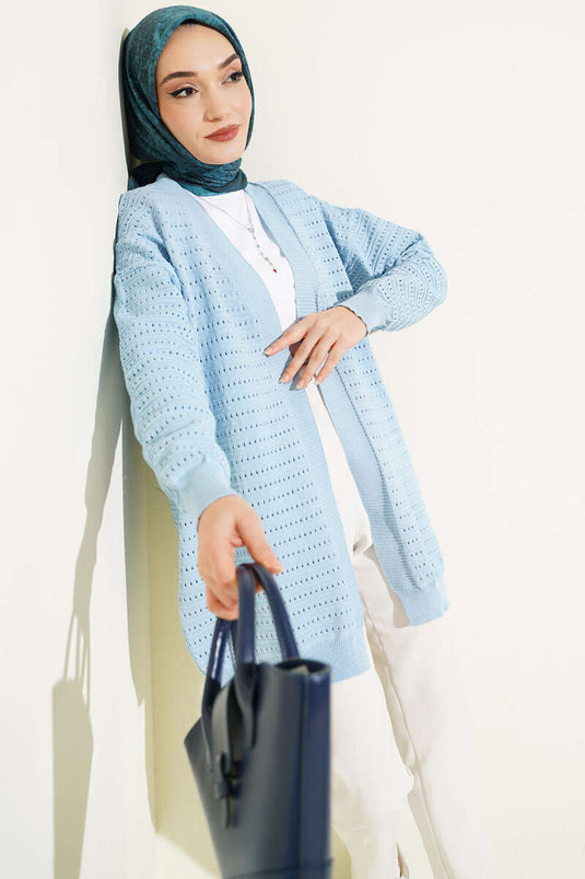 Strickjacke mit Lochmuster und Streifen, Blau