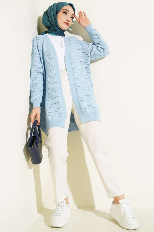 Strickjacke mit Lochmuster und Streifen, Blau