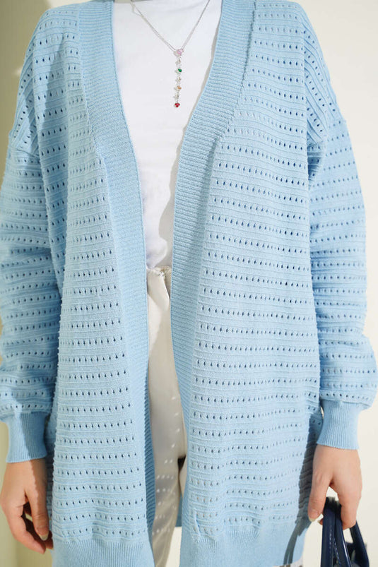Strickjacke mit Lochmuster und Streifen, Blau
