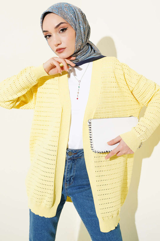 Cardigan a maglia traforata con strisce giallo
