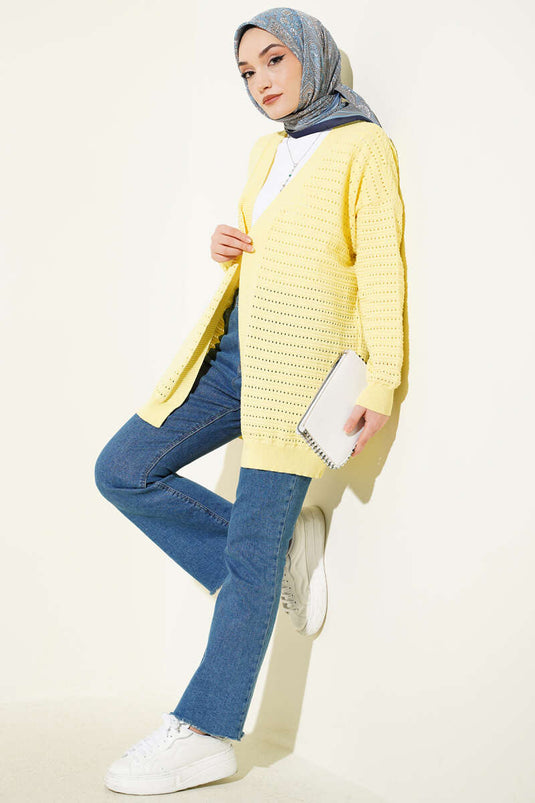 Cardigan a maglia traforata con strisce giallo