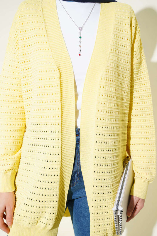 Cardigan a maglia traforata con strisce giallo