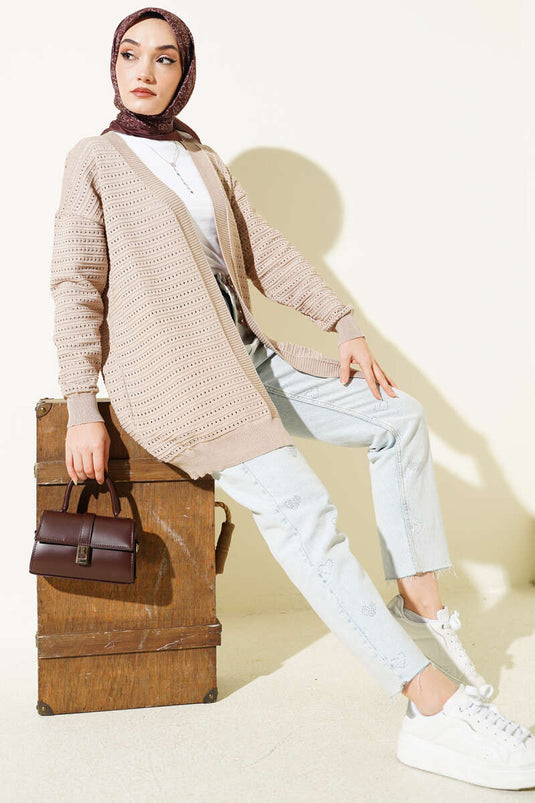 Cardigan traforato in maglia con strisce, colore visone