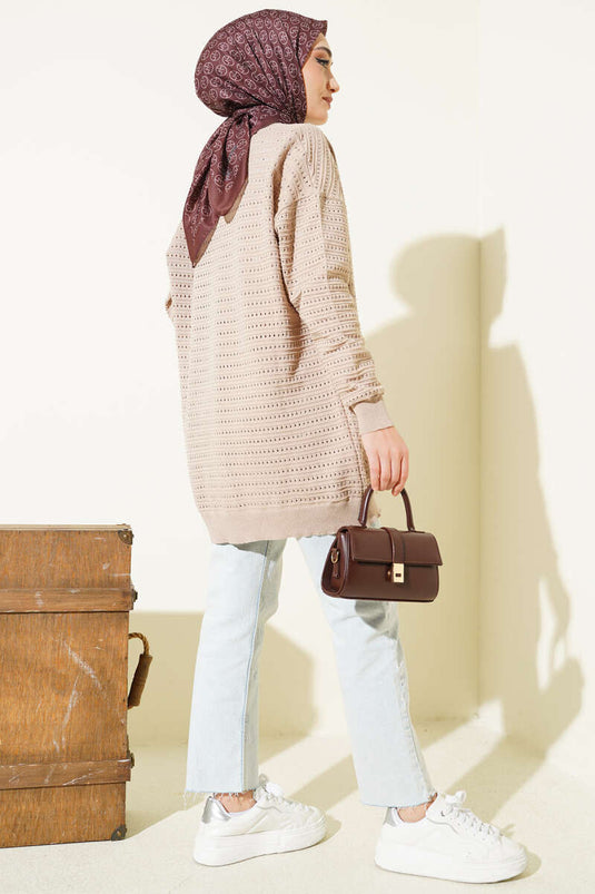 Cardigan traforato in maglia con strisce, colore visone