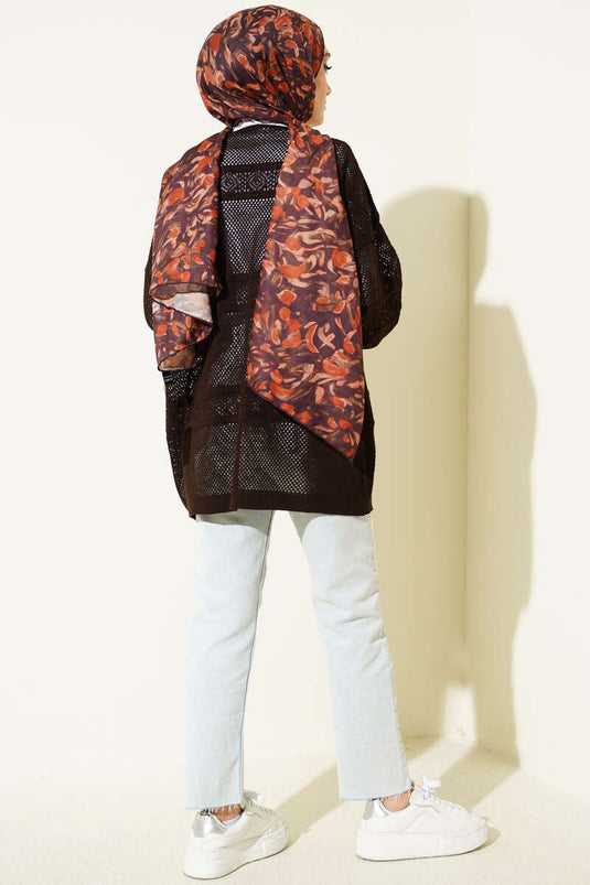 Cardigan lavorato a maglia traforato con motivo a strisce, colore caffè