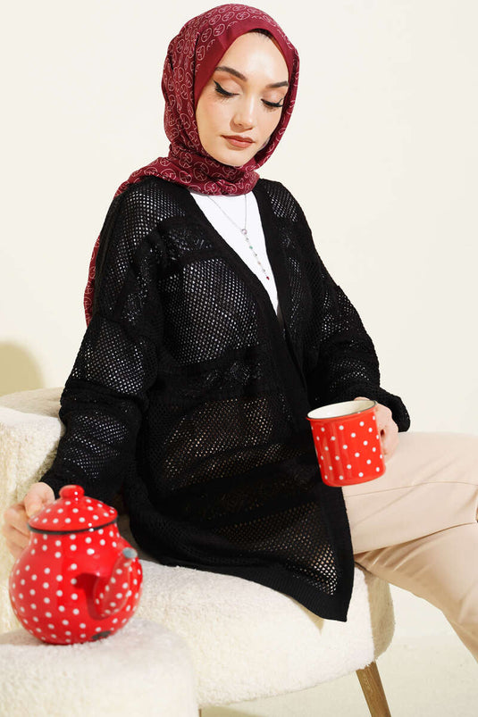 Striped Pattern Openwork Knit Cardigan Black