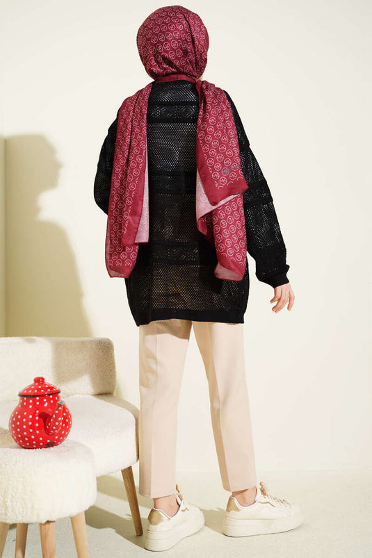 Striped Pattern Openwork Knit Cardigan Black