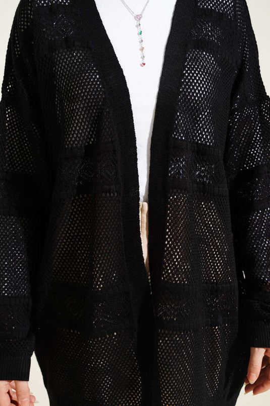 Striped Pattern Openwork Knit Cardigan Black
