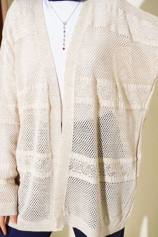 Cardigan in maglia traforata con motivo a strisce, colore pietra