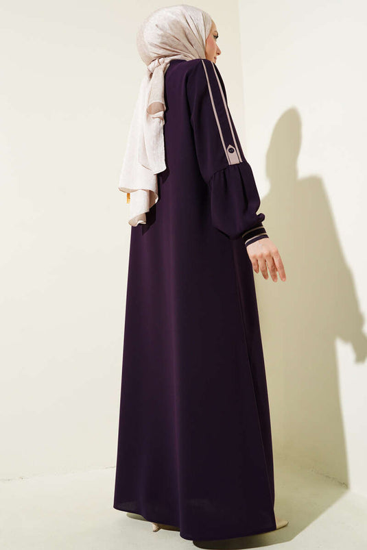 Striped Detail Wrist Ribbed Plus Size Abaya Purple
