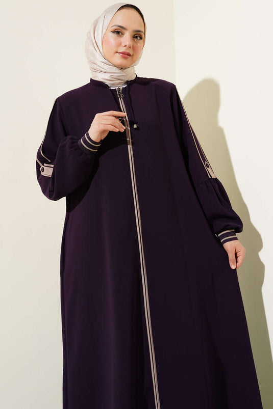 Striped Detail Wrist Ribbed Plus Size Abaya Purple